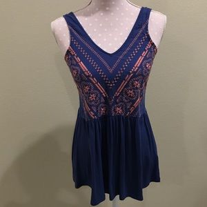 ANTHROPOLOGIE papercrane blue pink embroidered top